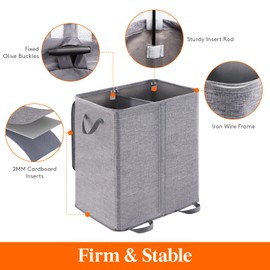 Lifewit Double Laundry Hamper with Lid and Removable Laundry Bags, Large Collapsible 2 Dividers Dirty Clothes Basket with Handles for Bedroom, Laundry Room, Closet, Bathroom, College, 155L Grey