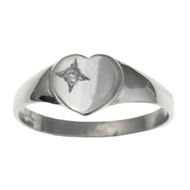 WOMENS White/Clear Cubic Zirconia (CZ) Set Heart Signet Ring for Women Ladies Girls - 925 Sterling Silver - Size N