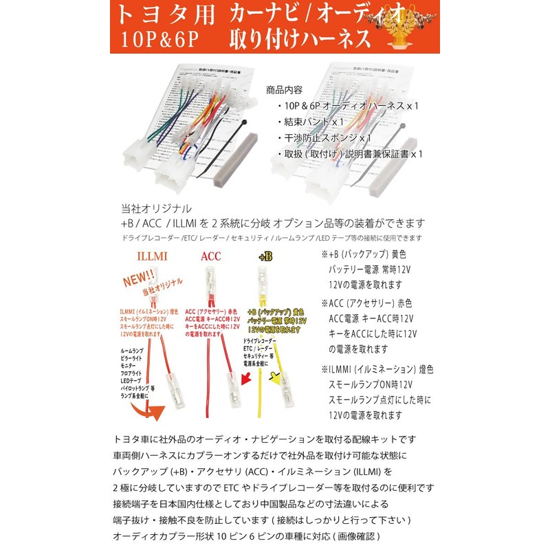 【Esperanza】トヨタ C-HR アクア プリウスナビ取り付けオーディオハーネス10P6P変換ケーブル同色配線接続