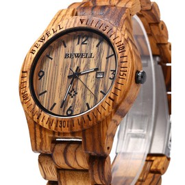 BEWELL ZS-W086B Mens Wooden Watch Analog Quartz Movement Date Display Lightweight Wood Wrist Watch (Zebra Wood)