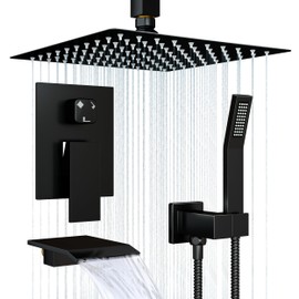 Ceiling Shower Faucet Set Matt Black Shower System for Bathroom,12 inch Rainfall High Pressure Shower Head Combo Set Complete with Handheld Spray,Valve and Tub Spout