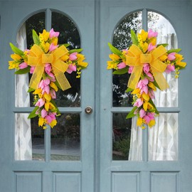 Artificial Floral Cross Wreath for Christian Easter Decor, Hanging Tulip Wreath for Front Door Wall, Ribbon Spring Wreath for Wedding (Yellow, 17.7" L*13.8" W*1.6" H)