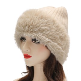ZLYC Winter Faux Fur Slouchy Beanie Hat for Women Warm Knit Stretch Cuffed Skull Cap (Solid Beige)