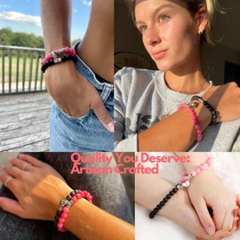 Set Of 2 Couples Bracelet Magnetic Healing Natural Bead Stone Stretch Bracelet Unisex Anniversary, Friendship, Valentine, Christmas Gift (Black+Pink, With Luxury Giftbox)