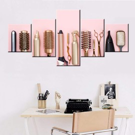 Beauty Salon Pictures for living Room Professional Haircut Tools Paintings 5 Panel Prints Canvas Wall Art Home Modern Decor Hair Accessories Artwork Giclee Framed Stretched Ready to Hang(50''Wx 24''H)