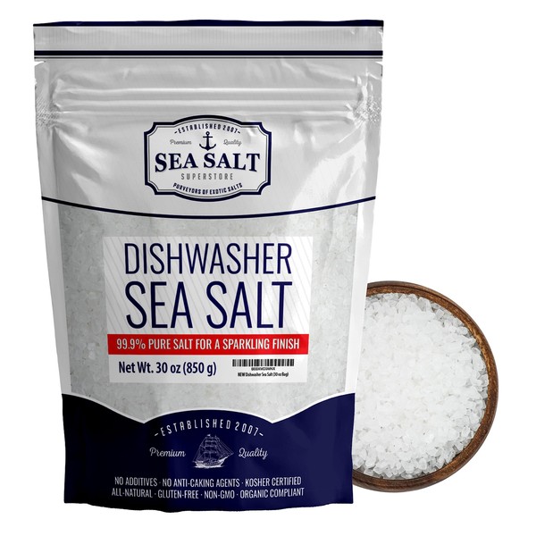 Dishwasher Salt - All-Natural Water Softener Salt for a Clean Finish - Compatible with Bosch, Miele, Thermador, Whirlpool Dishwashers and More - Food-Grade Coarse Sea Salt (30 oz Bag) - Sea Salt Superstore
