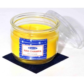 Satya 10 Oz. Nag Champa Perfumed 2 Wick Candle in Glass jar with Blue Coaster.