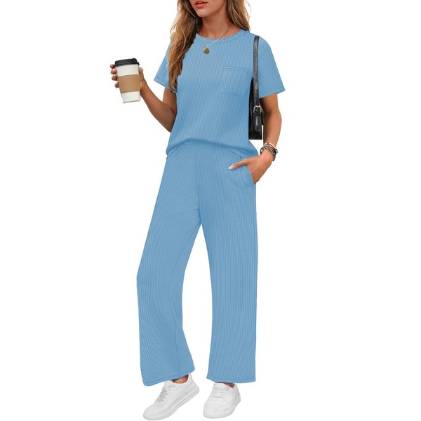 Ekouaer Womens Ribbed Knit Lounge Set Short Sleeve Top and
