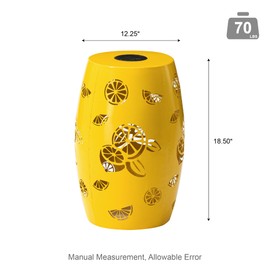 Glitzhome 18.5" H Iron Outdoor Side Table, Cutout Drum Garden Stool with Solar Powered Light, Decorative Lemon Pattern Metal Planter Stand Patio Accent End Table for Indoor Outdoor, Yellow