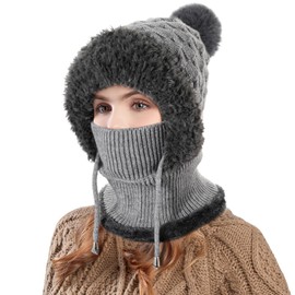AYPOW Winter Hat Scarf Set for Women Knit Balaclava Ski Mask with Face Mask, Warm Fleece Lined Beanie Hat with Pom Pom Bouble Adjustable Drawstring Windproof Hooded Hat for Outdoor Sports Women Gift