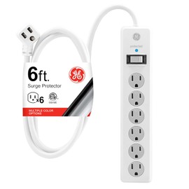 GE 6-Outlet Surge Protector, 6 Ft Extension Cord, Power Strip, 800 Joules, Flat Plug, Twist-to-Close Safety Covers, Protected Indicator Light, UL Listed, White, 67051