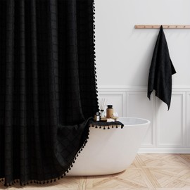 BTTN Extra Long Shower Curtain, 72x84 Inch Long Boho Chic Tassel Linen Fabric Shower Curtain Set with Hooks, Tall Modern Farmhouse Elegant Weighted Thick Cloth Shower Curtains for Bathroom, Black