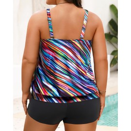 Yonique Plus Size Tankini Swimsuits for Women Blouson Tankini Tops with Swim Shorts Two Piece Bathing Suits Colored Diagonal Stripes 22 Plus
