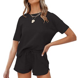 wkwmrpet Women's 2 Piece Pajamas Set Short Sleeve Top and Shorts Pj Lounge Sets Sleepwear Loungewear with Pockets Black