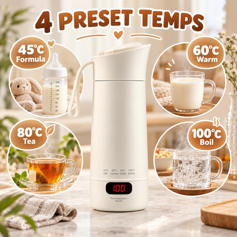 Portable Mini Travel Kettle 400ml with Keep Warm Function, Cream