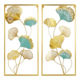 XISEZIUO 2PCS Gold Metal Ginkgo Leaf Wall Decor, Elegant Wall Art for Living Room, Bedroom, Kitchen, or Home Office, Modern Farmhouse Glam Metal Leaf Wall Hanging Decor