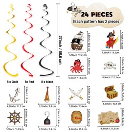 WERNNSAI Pirate Party Decorations - 24 PCS Pirate Party Supplies Pirate Treasure Hanging Swirl Streamers for Kids Boys Pirate Caribbean Birthday Party Decorations Baby Shower Ceiling Hanging Decor