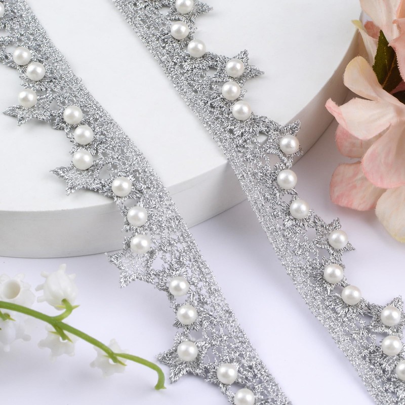 URROMA 9.5Yd Star Lace Pearl Trim, Braided Pearl Embroidery Beads