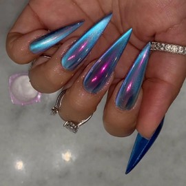 BABALAL Stiletto Press on Nails Long Fake Nails Blue Chrome Glue on Nail Cat Eye Bling Acrylic Nails Shiny False Nails 24Pcs Manicure Stick on Nails Almond Glossy Artificial Nails