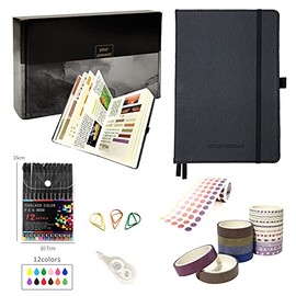 Bullet Dotted Journal Kit - A5 Hardcover Dotted Notebook with 200 Pages, 120GSM Thick Paper, 12 Fineliner Colored Pens, Stickers, Washi Tapes, Correction Tape, Paper Clips, Journaling Kit for Planner Schedule (Black)