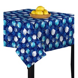 Fabric Textile Products Square Tablecloth, 100% Milliken Polyester, Machine Washable, 90x90, Shiny Blue Christmas Balls