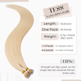 TESS Real Hair Extensions Nano Human Hair Nano Ring Beads Tip Included #613 Bleached Blonde - Cold Fusion 50 Strands 35g - 22 Inch