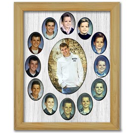 Northland School-Years Picture Frame - Oval Collage - Holds Twelve (12) 2" x 3" School Wallet Photos and 5" x 7" Kindergarten to Graduation Grad, Oak Frame, White Mat