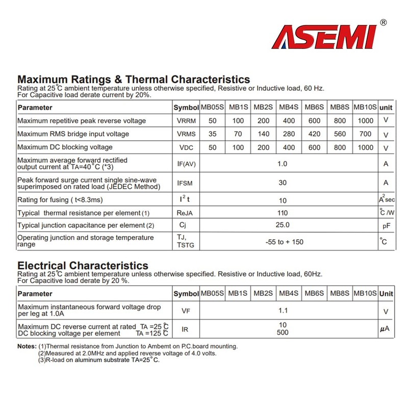 50x MB6S ASEMI Surface Mount 1A1000V Mini Bridge Rectifier Diodes