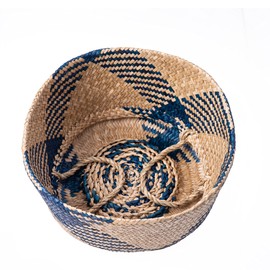 Symmetric Matrix Plant Basket, Seagrass Belly Basket, Stylish Indoor Boho Basket, Versatile Basket Planter or Rattan Planter, Woven Seagrass Baskets for Home Decor - Planter Basket, Blue, Large