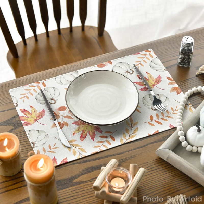 Artoid Mode Orange Pumpkins Leaves Autumn Place Mats Set of