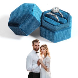 Classicseali Ring Boxes for Jewellery,Double Groove Hexagonal Dusty Blue Velvet Ring Box,Can Hold 2 Rings, Wedding Rings Boxes, for Engagement Ceremony, Wedding, Valentine's Day, Blue