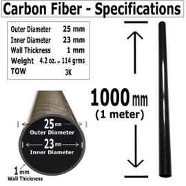 (1) KARBXON - Carbon Fiber Tube - Black - 25mm X 23mm X 1000mm - Hollow Carbon Fiber rods - Glossy Carbon Tubes - Pure Carbon Fibre Tubes - Lightweight High Strength Carbon Fiber Shaft