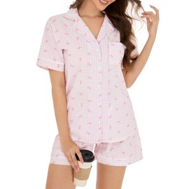 LUBOT 100% Cotton Pyjamas Set for Women Ladies, Woven Short Sleeve Button Down Pajamas, Two Piece Pjs for Female Sets Sleepwear Loungewear (Pink Bow, XL)
