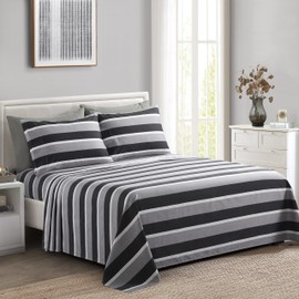 Marina Decoration Ultra Soft Silky Deep Pocket Rich Printed Bedding Rayon from Bamboo All Season 4 Pieces Sheet Set with 2 Pillowcases, Black Grey Stripes Pattern Twin/Single Size