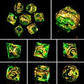 ORUZA DND Dice Set Lord of the Rings, 7 Pieces Polyhedral DND Dice Set Sharp Edge D&D Dice for Dungeons and Dragons Pathfinder RPG MTG Role Play Dice, Green & Gold