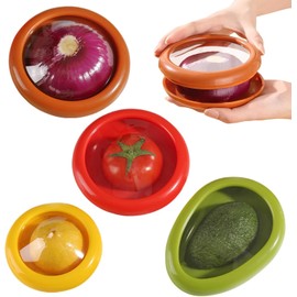 Fruit And Vegetable Storage Containers,Vegetable Sha Transparent Film Reusable Food Saver Set for Fridge，Avocado Onion Tomato and Lemon Leakproof Keeper（4PCS）