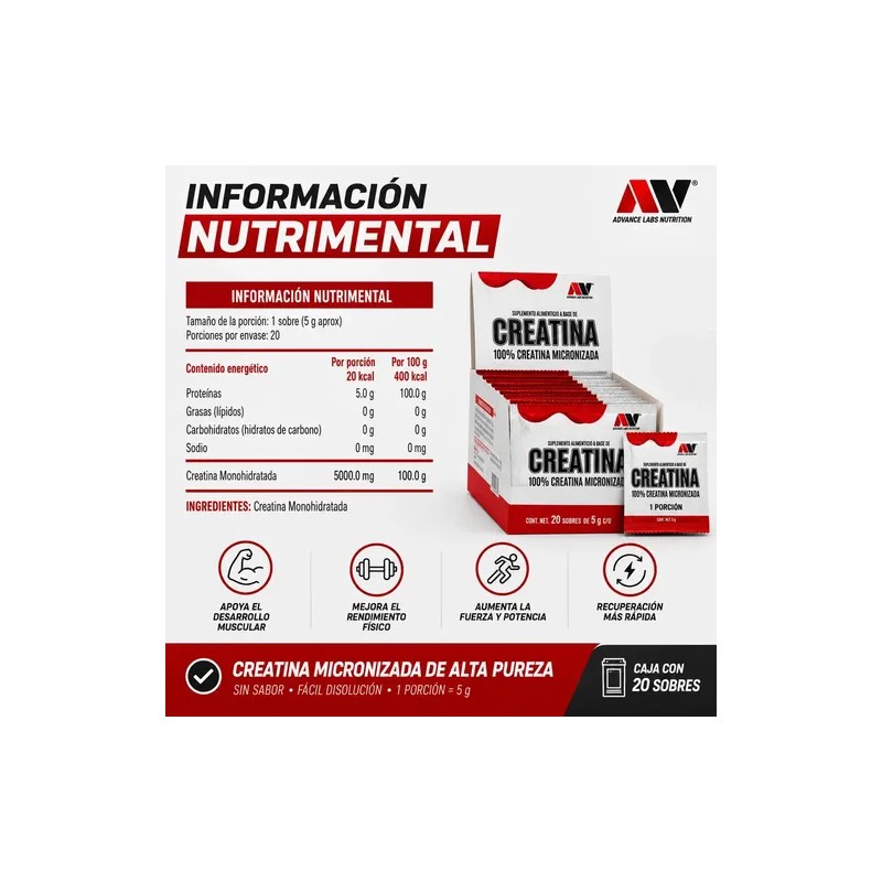 Creatina Micronizada 20 Sobres Advance Nutrition Sin Sabor Sin Sabor