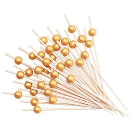 GUSTO [150 Count] Cocktail Skewers & Food Toothpicks - 4.7 Inch Wooden Fancy Toothpicks for Appetizers & Cocktail Picks for Drinks - Gold Pearl Toothpicks (Formely Comfy Package)