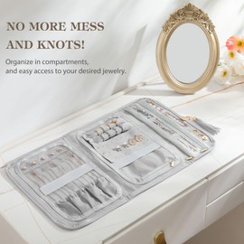 Emibele Travel Jewelry Organizer for Women, Waterproof Portable Leather Jewelry Roll Bag Storage Pouch, Foldable Tangle Free Travel Jewelry Case Holder for Necklace Earrings Bracelet Rings, Gray