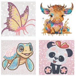 VINEST Pack of 4 5D Diamond Painting Children, 15 x 15 cm Shiny Diamond Painting Pictures, DIY Diamond Painting Animals Children from 4 6 8 10 Years, Mosaic Craft Set Children Gift