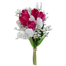 Neepanda Artificial Flowers Bouquet Tulip & Baby Breath, 19" Fake Flowers for Valentine’s Day, Wedding Bride Bouquets Home Indoor Vase Table Decor (Rose Red & White)
