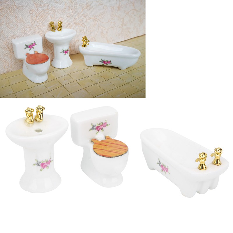 1/24 Dollhouse Miniature Bathroom Set Simulation Ceramic Bathtub Toilet Sink