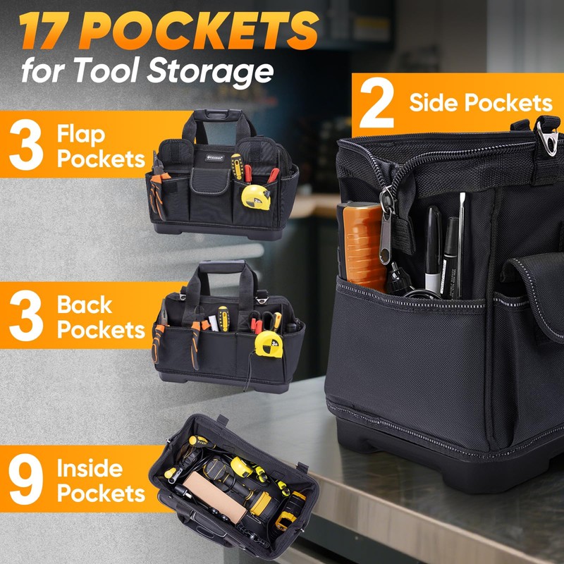 TICONN Heavy Duty Tool Bag with Multi-Pockets, Portable Tool Box