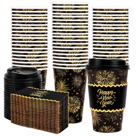 Whaline 50 Pcs 16 Oz Happy New Year Disposable Coffee Cups with Lids and Sleeves Black-Gold Firework Paper Drinking Cup for Chinese Spring Festival Party Supplies