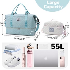 Outplea 55L Large Women Travel Duffle Bag, Carry on Overnight Bag Weekend Travel Duffel Tote Bag with Wet Pocket Toiletry for Trips Sport Hospital, Blue