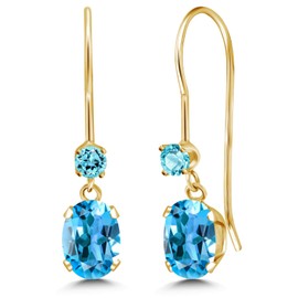 Gem Stone King 14K Yellow Gold Swiss Blue Topaz French Wire Dangle Earrings For Women (1.26 Cttw, Gemstone November Birthstone, Oval 6X4MM and Round 2.5MM)