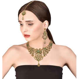 Touchstone Indian Jewelry Sets for Women Bollywood Wedding Bridal Necklace desi Earrings Formal Fancy Rhinestone India Designer Jewellery Punjabi Tikka Set in Antique Gold or Silver or White Tone,