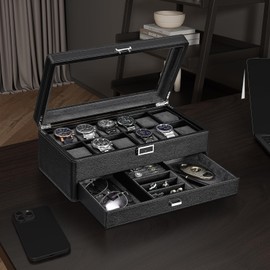 BEWISHOME Watch Box for Men, 12-Slot Watch Case with Drawer, 2-Layer Mens Jewelry Box with Large Glass Lid, Watch Display Case Watch Holder Organizer Watch Storage for Men Women Black, SSH02L
