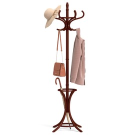 Tangkula Coat Rack with Umbrella Holder, 73 Inch Freestanding Coat Hanger Stand with 12 Hooks, Wooden Entryway Coat Tree for Clothes, Bags, Hats, Scarves, Living Room, Bedroom, Hallway (Reddish Brown)