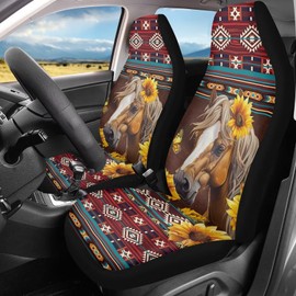 ZIATUBLES Front Aztec Sunflower Horse Car Accessories Breathable Bucket Sea Protection Car Interior Decoration Universal Fit Sedan SUV Truck
